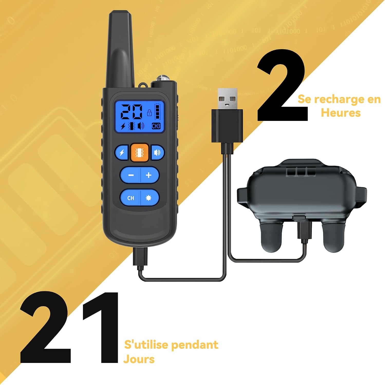 Meloive Rechargeable Dog Training Collar, Range of 3000 m, with Vibration Mode, Sound, Static Shock and Light, IPX67 Water Resistant, Suitable for Small and Medium Dogs