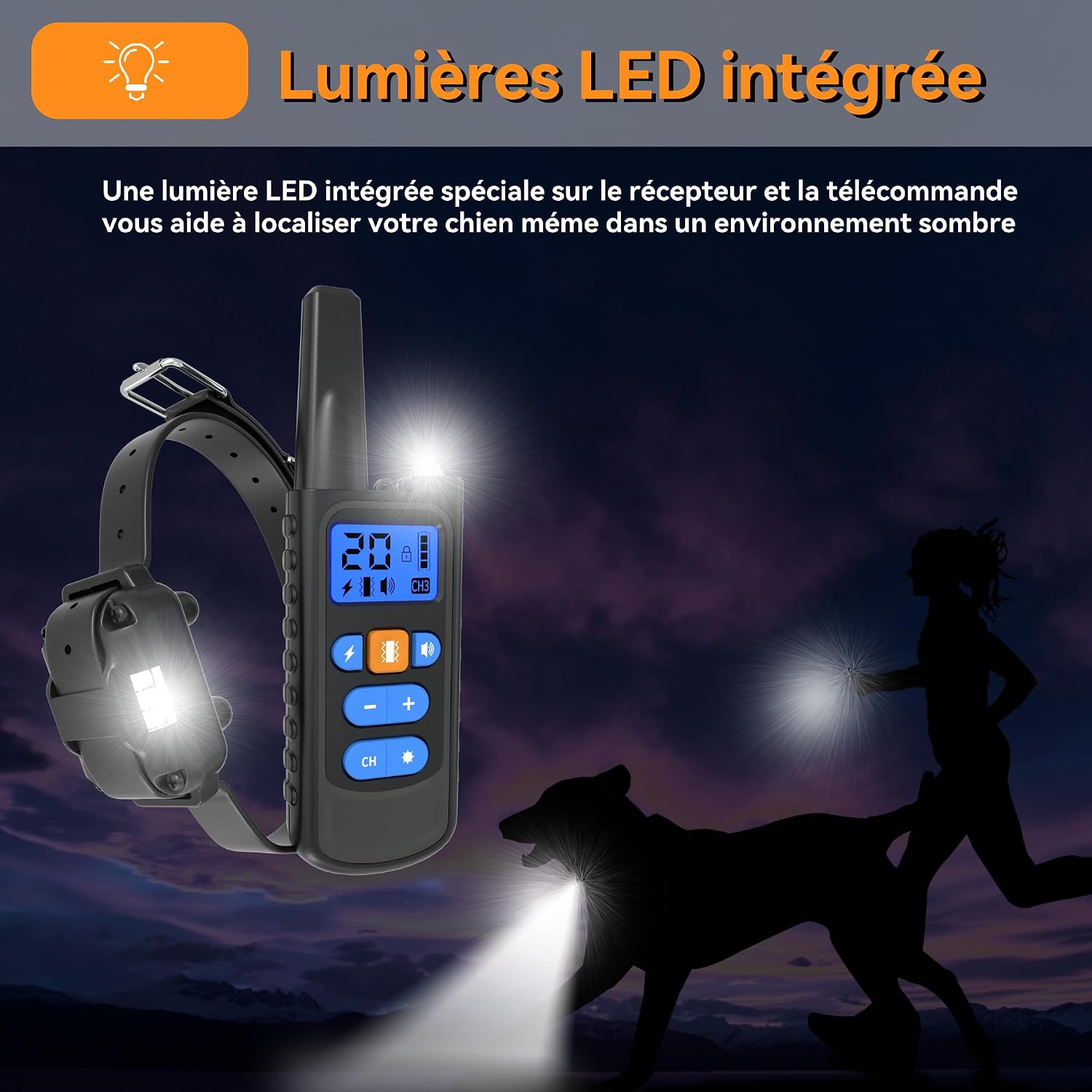 Meloive Rechargeable Dog Training Collar, Range of 3000 m, with Vibration Mode, Sound, Static Shock and Light, IPX67 Water Resistant, Suitable for Small and Medium Dogs