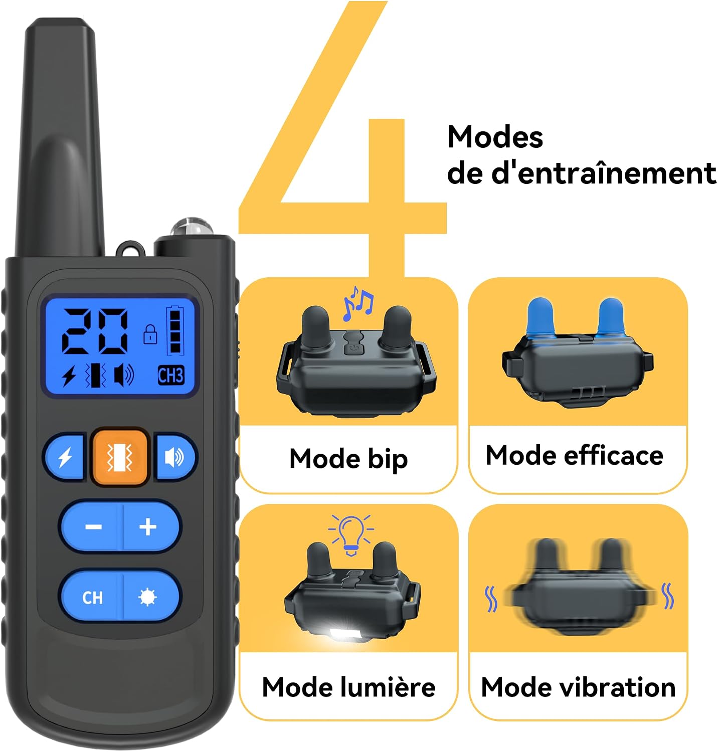 Meloive Rechargeable Dog Training Collar, Range of 3000 m, with Vibration Mode, Sound, Static Shock and Light, IPX67 Water Resistant, Suitable for Small and Medium Dogs
